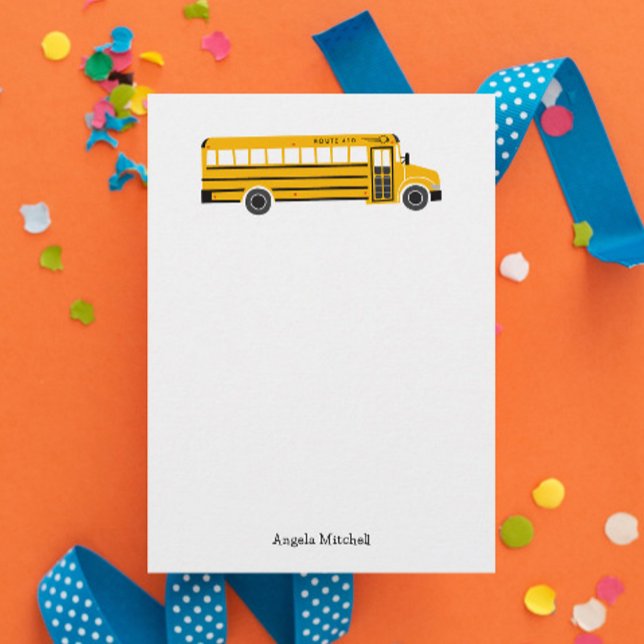 Gula skolbuss personliga brevpapper platta kort (fun personalized yellow school bus flat note card stationery with custom name and route number)