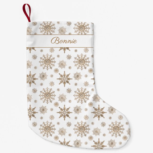 Gula snöflingormönster & anpassat namn liten julstrumpa (Framsidan)