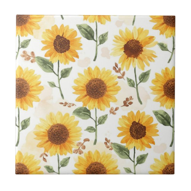 Gula solrosor akvarell blommande fantasifull kakelplatta (Framsidan)