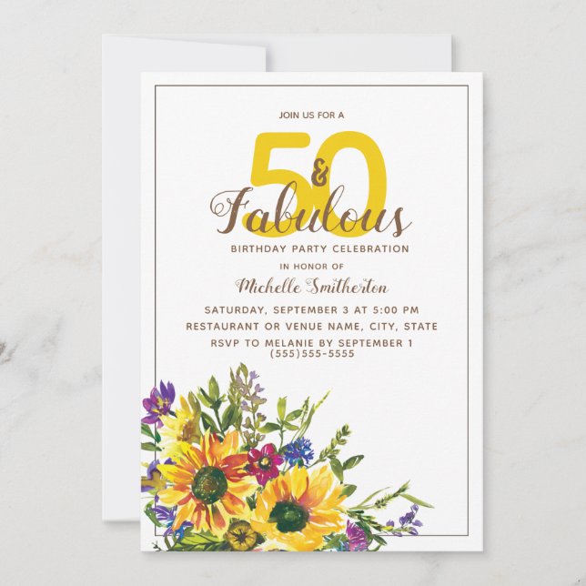 Gula solrosor Lila Blommig 50 Fantastisk Inbjudningar (Framsida)