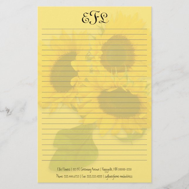 Gula solrosor Personligt monogram brevpapper (Framsida)