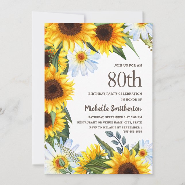 Gula solrosor Vita prästkragar 80-årsdag Inbjudningar (Framsida)