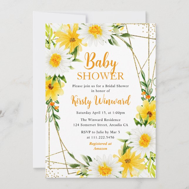 Gula sommarblommor & guld ram Baby Shower Inbjudningar (Framsida)