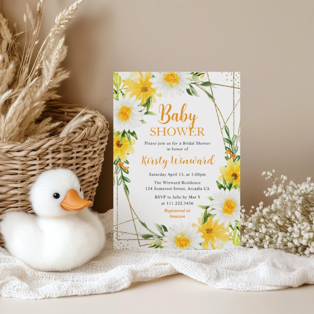 Gula sommarblommor & guld ram Baby Shower Inbjudningar (Skapare uppladdad)