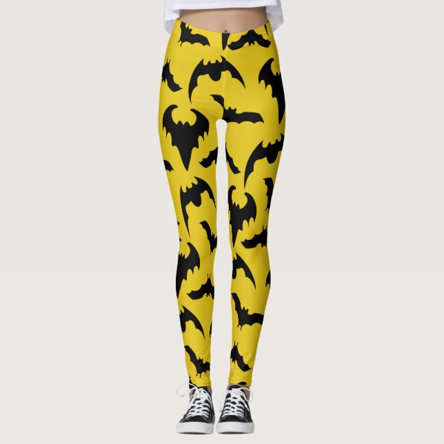 Gula & Svarta Fladdermöss Halloween Leggings (Framsida)