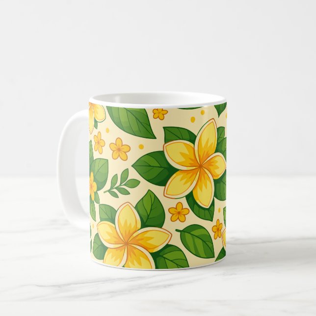Gula tropiska blommor med frodiga gröna blad kaffemugg (Framsida vänster)