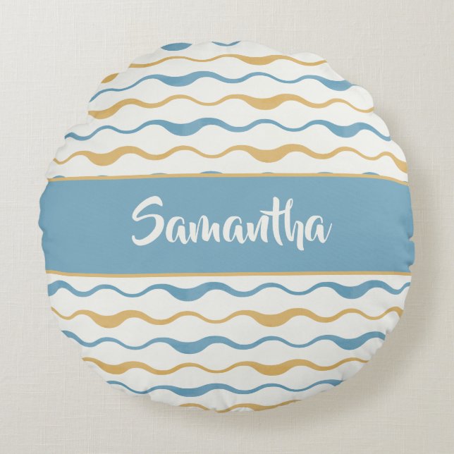 Gula & Turkosa Vågor Personlig Nautical Boho Rund Kudde (Framsidan)