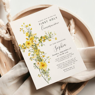 Gula vildblommor Blommig kors Första kommunion Inbjudningar
