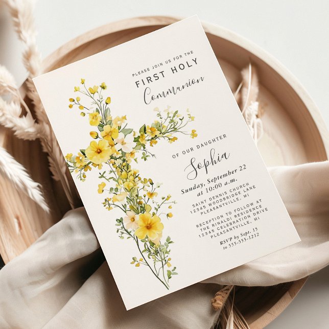 Gula vildblommor Blommig kors Första kommunion Inbjudningar (Skapare uppladdad)