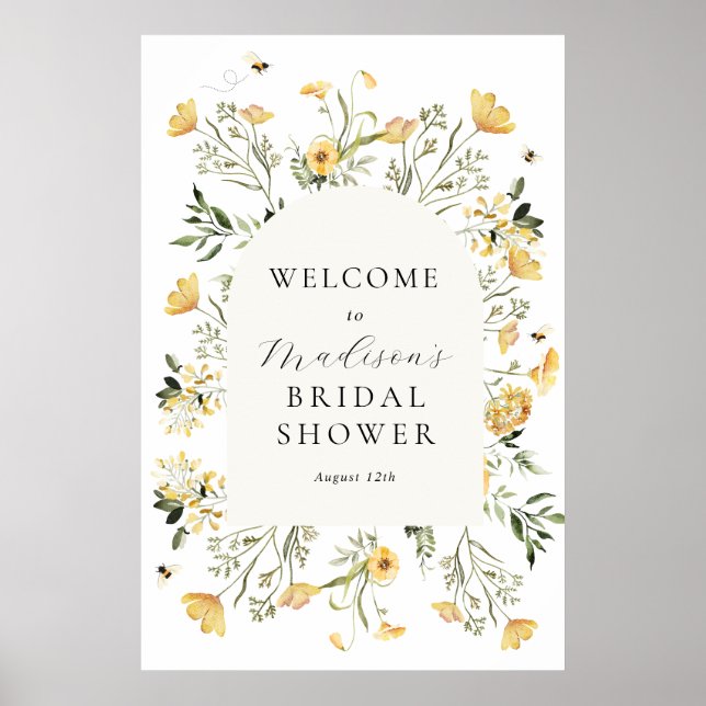 Gula vildblommor och bin Bröllopsdusch välkomstsky Poster (Framsidan)