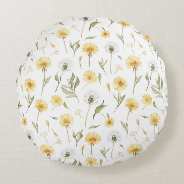 Gula Vita Maskrosar Blommor Rund Kudde (Framsidan)