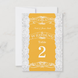 Gula & Vita Spets Bröllops Bordnummerkort Inbjudningar