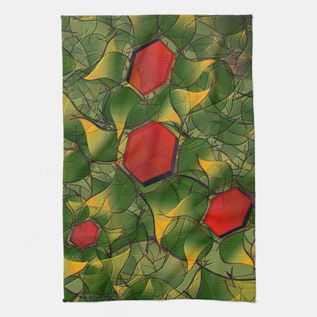 Gulaktig virtuell löv med röda hexagoner kökshandduk (Vertikal)