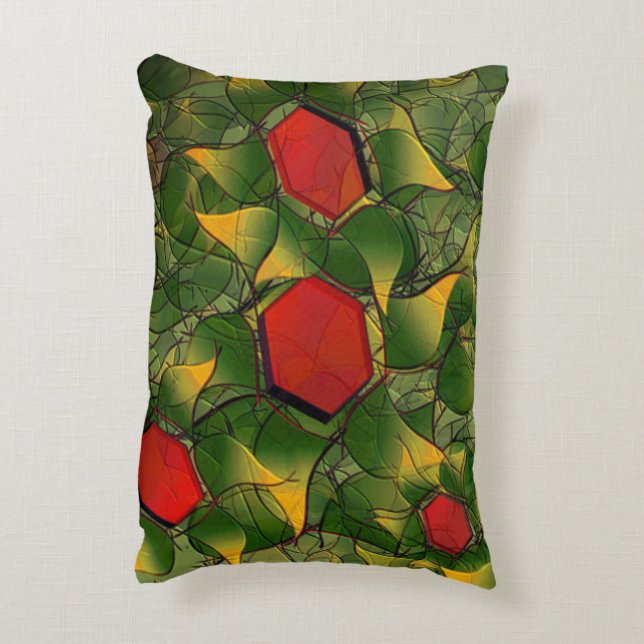 Gulaktig virtuell löv med röda hexagoner prydnadskudde (Baksidan(Vertikal))