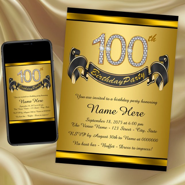 Guld 100:e Födelsedagsfesten Inbjudningar (100th birthday party invitation. Instant download and printed invitations available.)