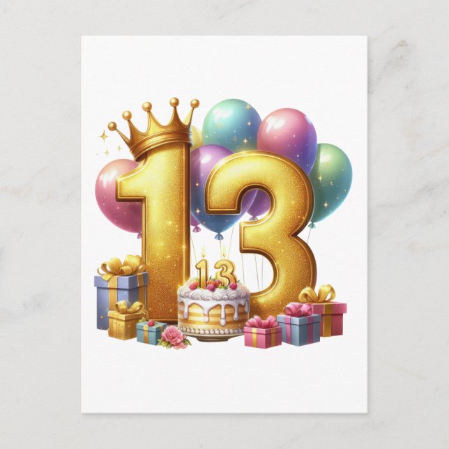 Guld 13-årsdag meddelande vykort (Framsida)