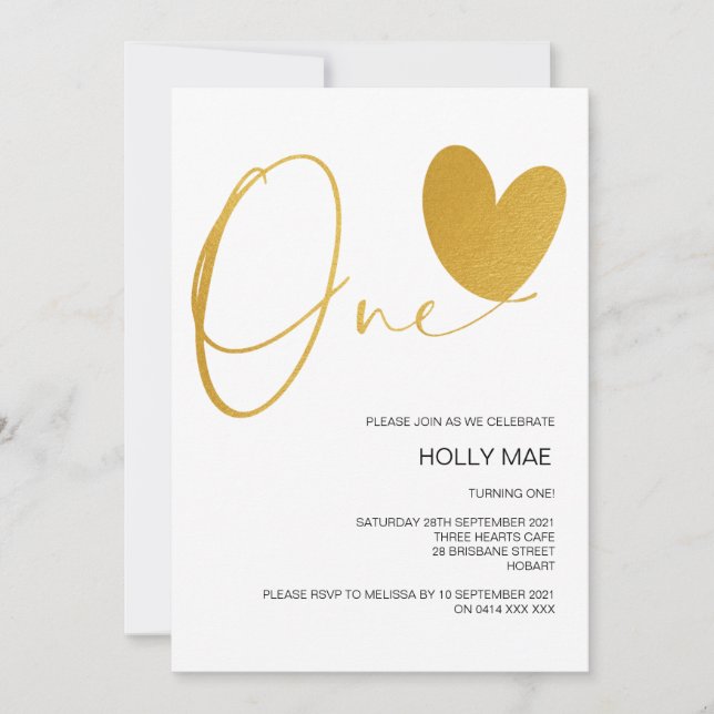 Guld 1:a födelsedagsinbjudan En födelsedagshjärta Inbjudningar (Framsida)