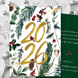 Guld 2025: Gräs Bough Red Blommigt vid julafton Julkort