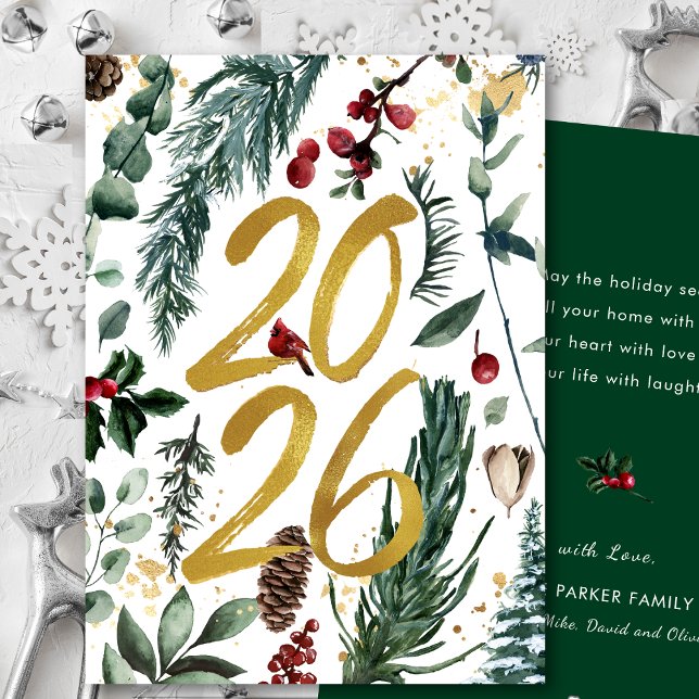 Guld 2025: Gräs Bough Red Blommigt vid julafton Julkort (Skapare uppladdad)