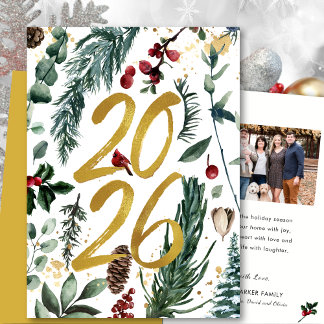 Guld 2025: Rött foto för julafton Gräs Bough Helgkort