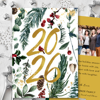 Guld 2025: Rött foto för julafton Gräs Bough Julkort