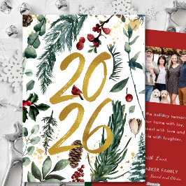 Guld 2025: Rött foto för julafton Gräs Bough Julkort