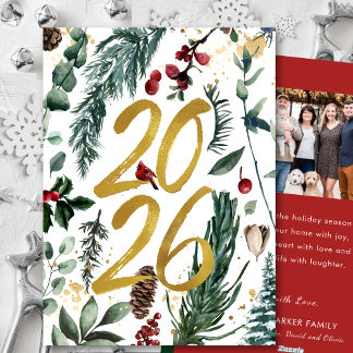 Guld 2025: Rött foto för julafton Gräs Bough Julkort