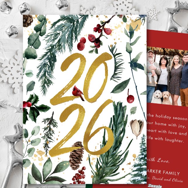 Guld 2025: Rött foto för julafton Gräs Bough Julkort (Skapare uppladdad)