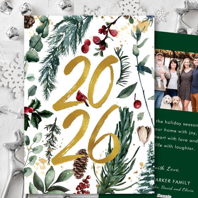 Guld 2025: Rött foto för julafton Gräs Bough Julkort (Skapare uppladdad)