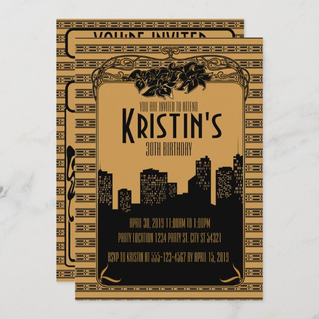 guld- 20-tal, art décopartyinbjudningar inbjudningar (Fram/baksida)