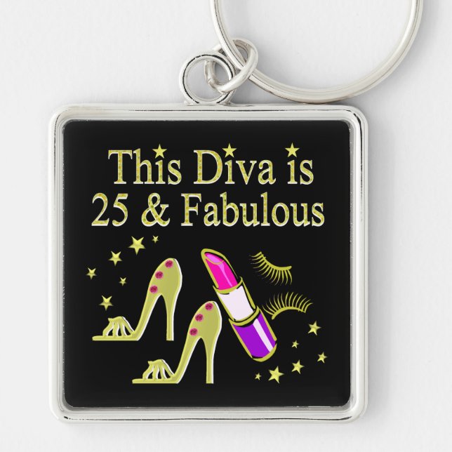 GULD 25 OCH FABULOUS DIVA DESIGN FYRKANTIG SILVERFÄRGAD NYCKELRING (Framsidan)