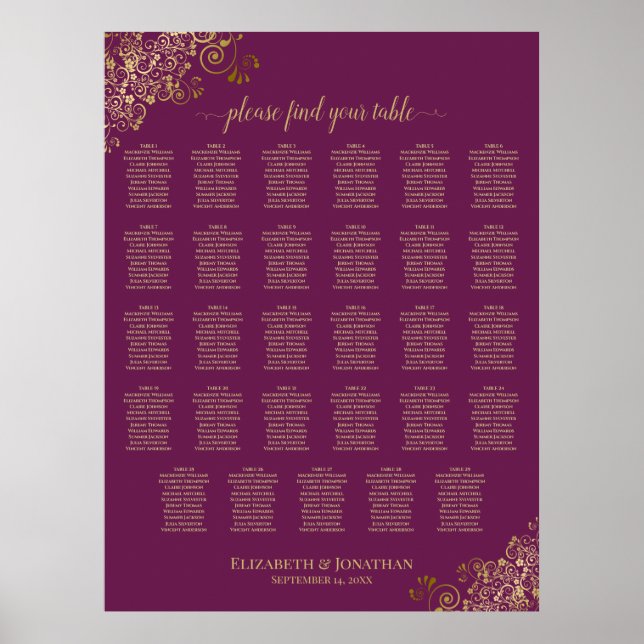Guld 29 Bord Bröllops Placeringsplan Magenta Plomm Poster (Framsidan)