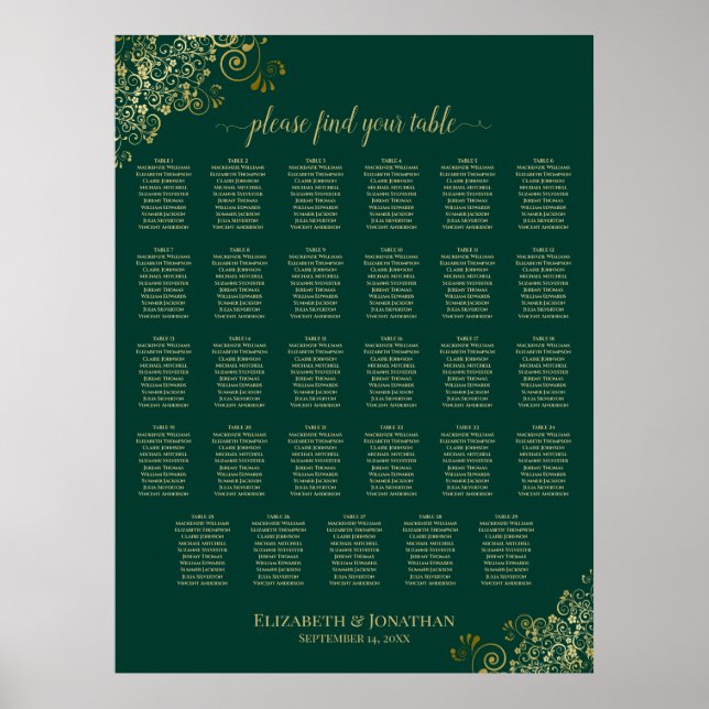 Guld 29 Bord Bröllopsplatskarta Smaragdgrön Poster (Framsidan)