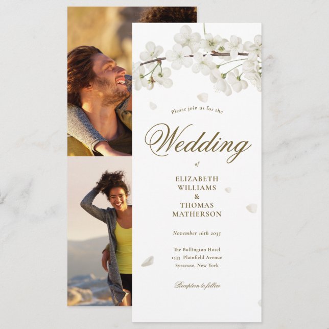 Guld 2-fotot i vit Blommar Bröllop Inbjudningar (Fram/baksida)