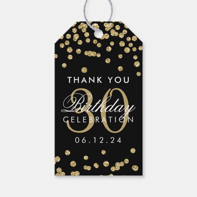 Guld 30års födelsedag Tack Confetti Black Presentetikett (Framsidan)