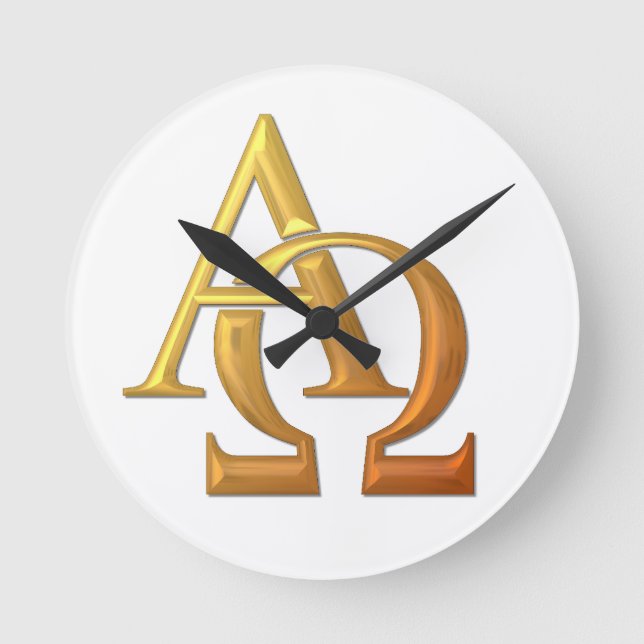 Guld- "3-D" alfabetisk och Omega symbol Rund Klocka (Framsida)