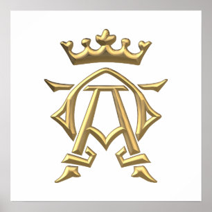 Guld- "3-D" alfabetisk och Omega w/Crown symbol Poster