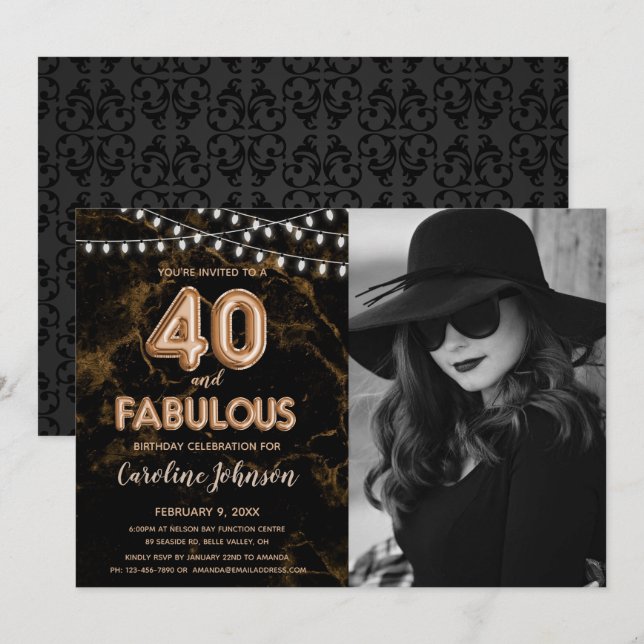 Guld 40:e födelsedagen Party - 40 & Fabulous Inbjudningar (Fram/baksida)