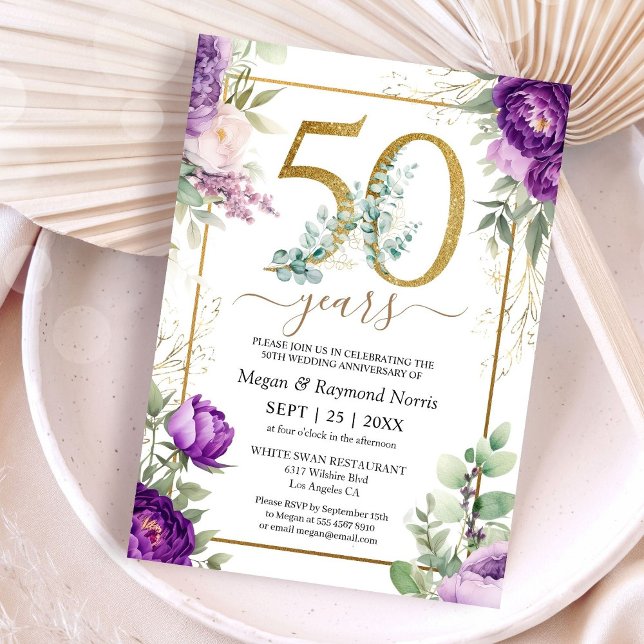 Guld 50-års bröllopsjubileum Blommande lila peony Inbjudningar (Skapare uppladdad)