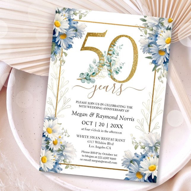 Guld 50-års bröllopsjubileum Blommande Margareta Inbjudningar (Skapare uppladdad)
