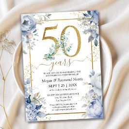 Guld 50-års bröllopsjubileum Dammtor Blå Blommig Inbjudningar