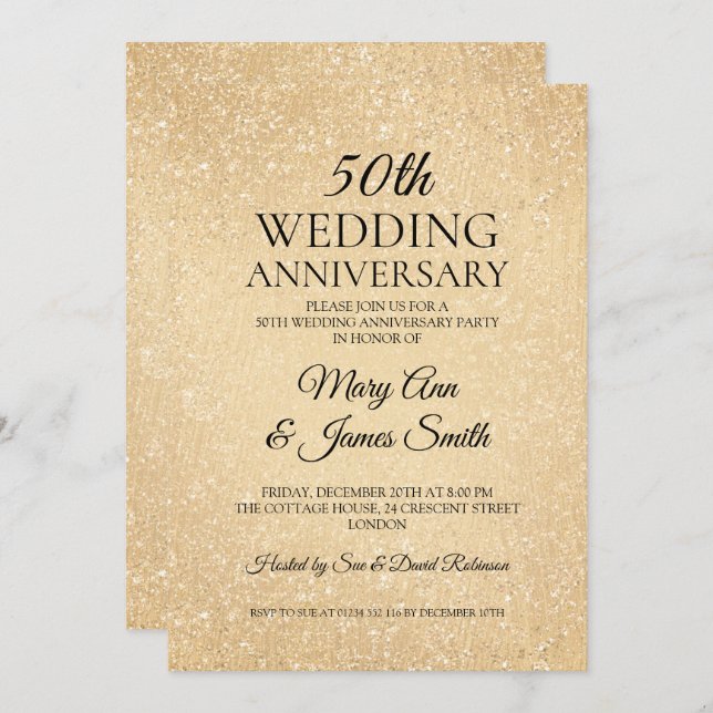 Guld 50-års bröllopsjubileum Glitterfärg Utseende Inbjudningar (Fram/baksida)