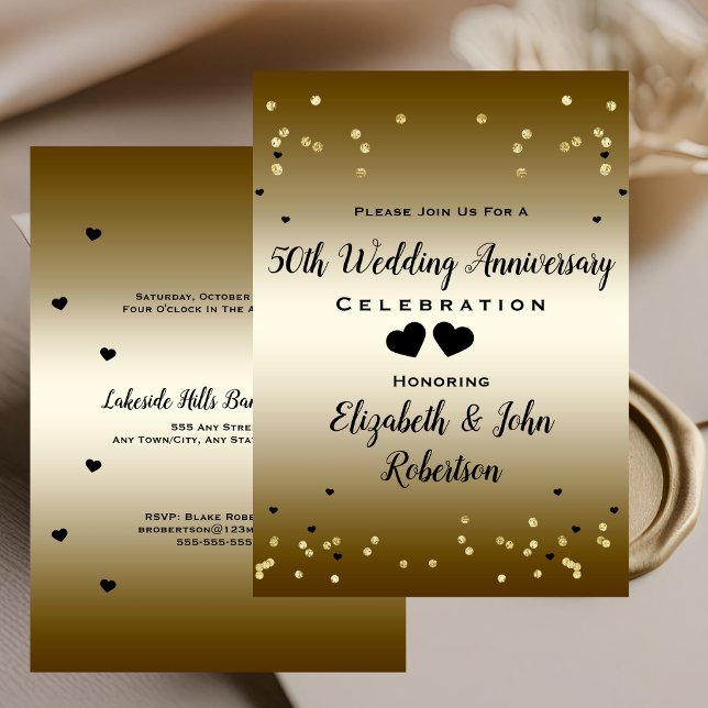 Guld 50-års bröllopsjubileum Konfetti Elegant Inbjudningar (Golden 50th Wedding Anniversary Confetti Elegant Invitation)