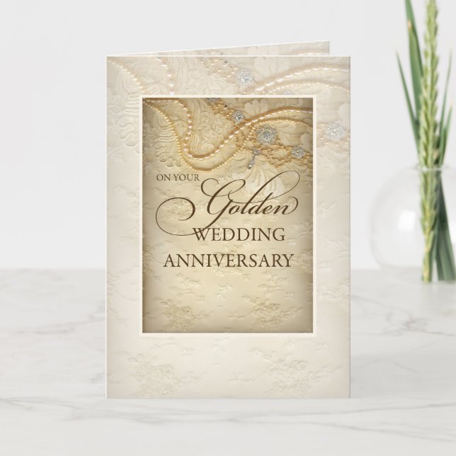Guld 50-års bröllopsjubileum, Pärlor och Spets Kort (Framsida)