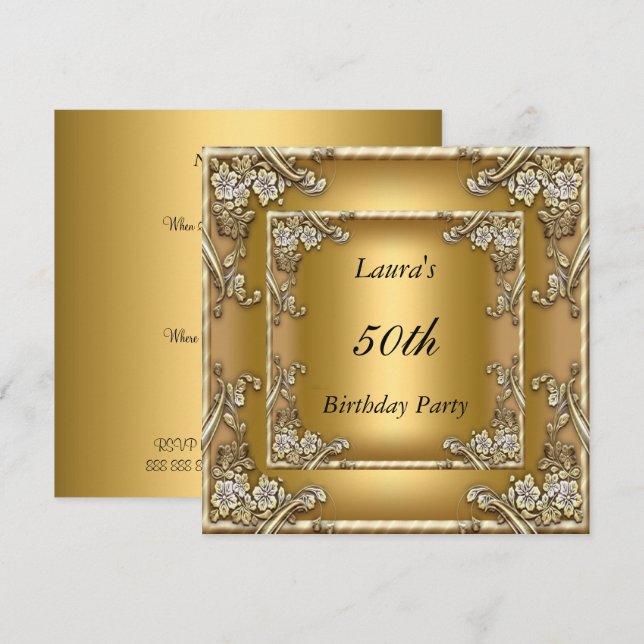 Guld 50-års födelsedagsfest  Inbjudan Guld (Fram/baksida)