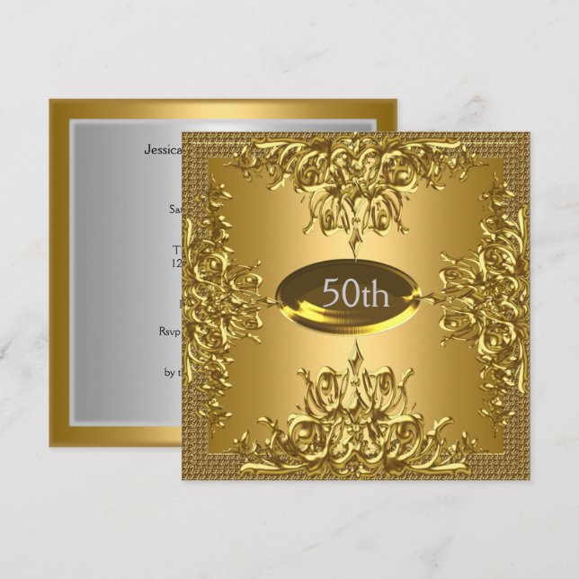 Guld 50-års födelsedagsfirande födelsedagsinbjudan inbjudningar (Fram/baksida)
