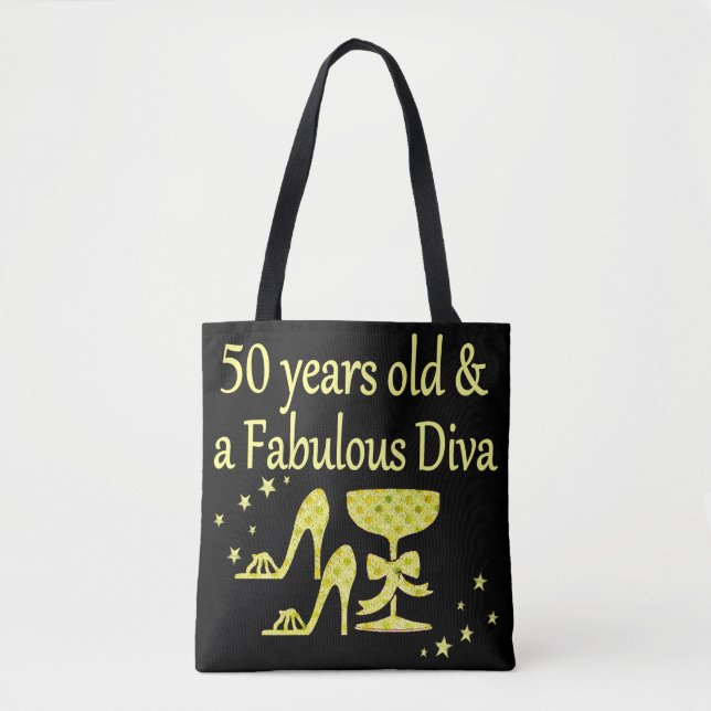 GULD 50 ÅRS GAMLA OCH EN FABULÖS DIVA BIRTHDAY TYGKASSE (Framsida)