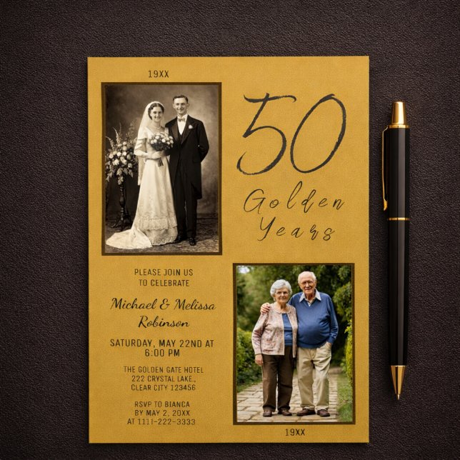 Guld 50-årsjubileum Då Nu Foto Inbjudningar (Invitation shown beside pen for realistic scale reference)