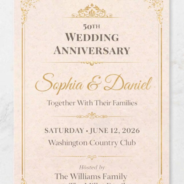 Guld 50-årsjubileumsinbjudan inbjudningar (Elegant Gold 50th Wedding Anniversary Invitation — Timeless Design for Family Celebrations)