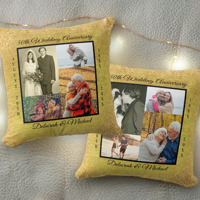 Guld 50:e Bröllop-årsdagen 8 Fotokollage Kudde (Double-sided photo pillow for golden wedding anniversary with 4 or 8 different photos)